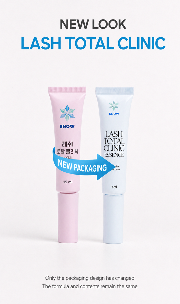 Former pink and current blue 15 mL packaging for Snow Lash Total Clinic Essence