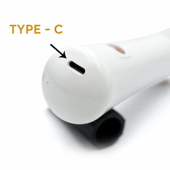 Close-up of the USB-C charging port on the white rechargeable eyelash extension glue shaker